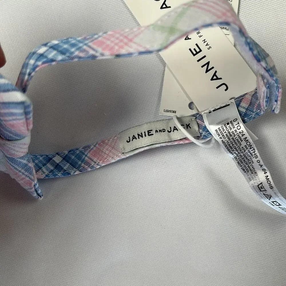 Janie and Jack Bowtie Linen Plaid Adjustable Blue Pink White Baby Toddler 0-24M